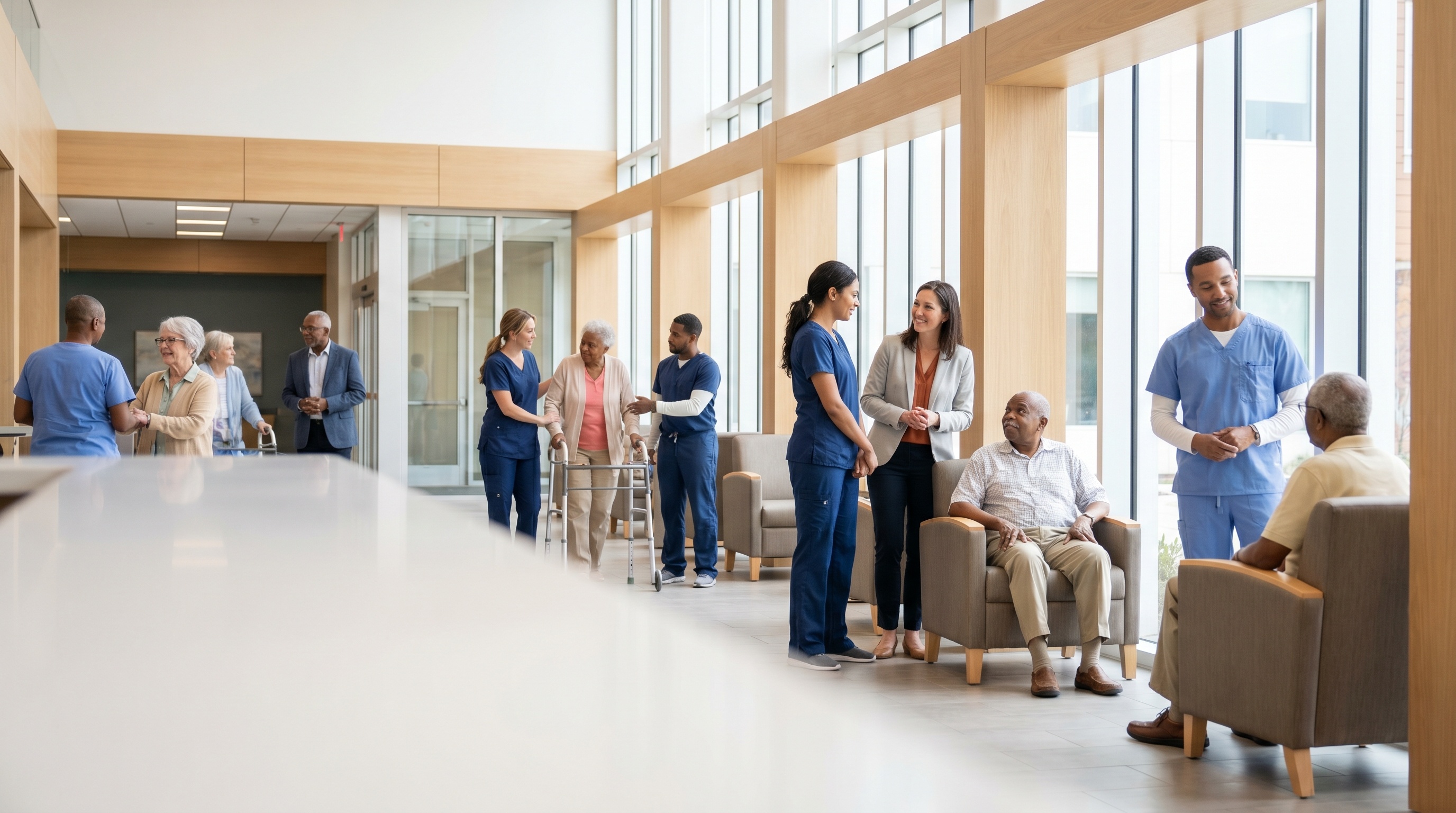 Care teams and residents in a bright aged care facility