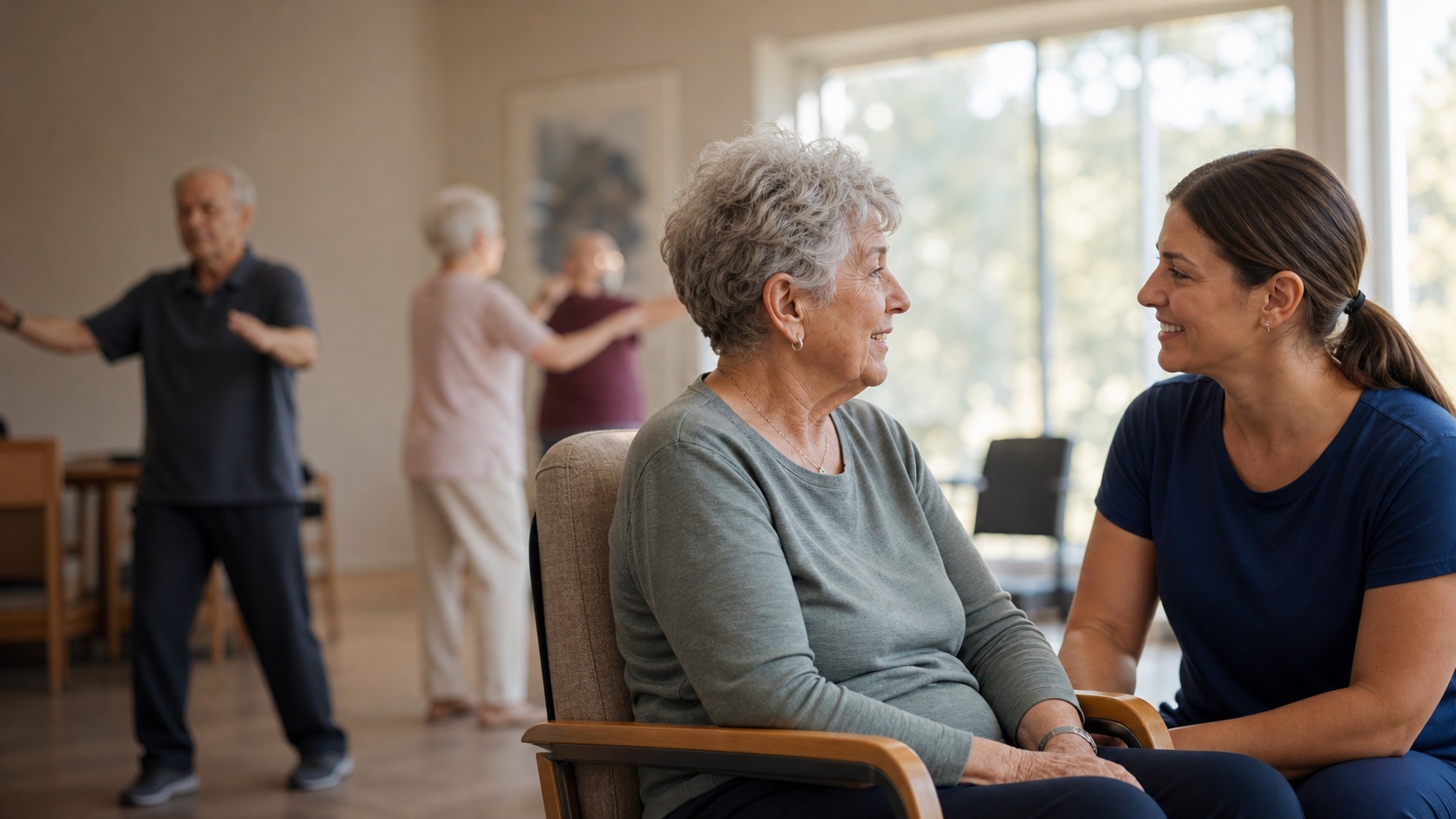 An older woman in conversation with a visitor in an aged care lounge