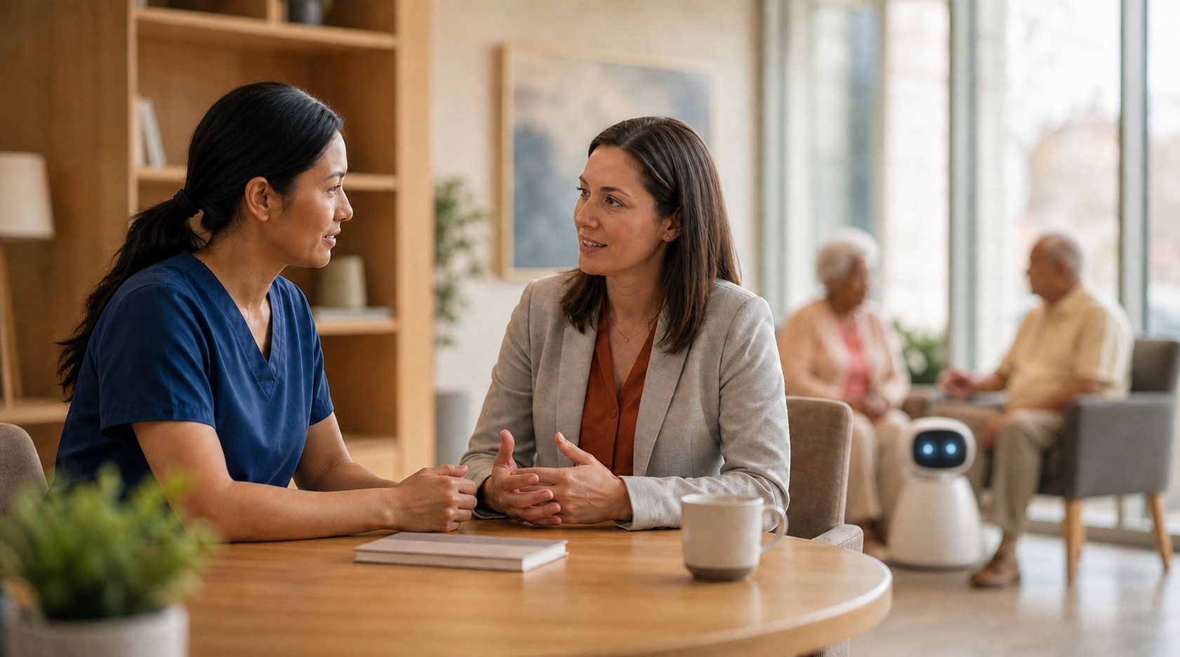 A nurse and a family member talking, with Serra nearby