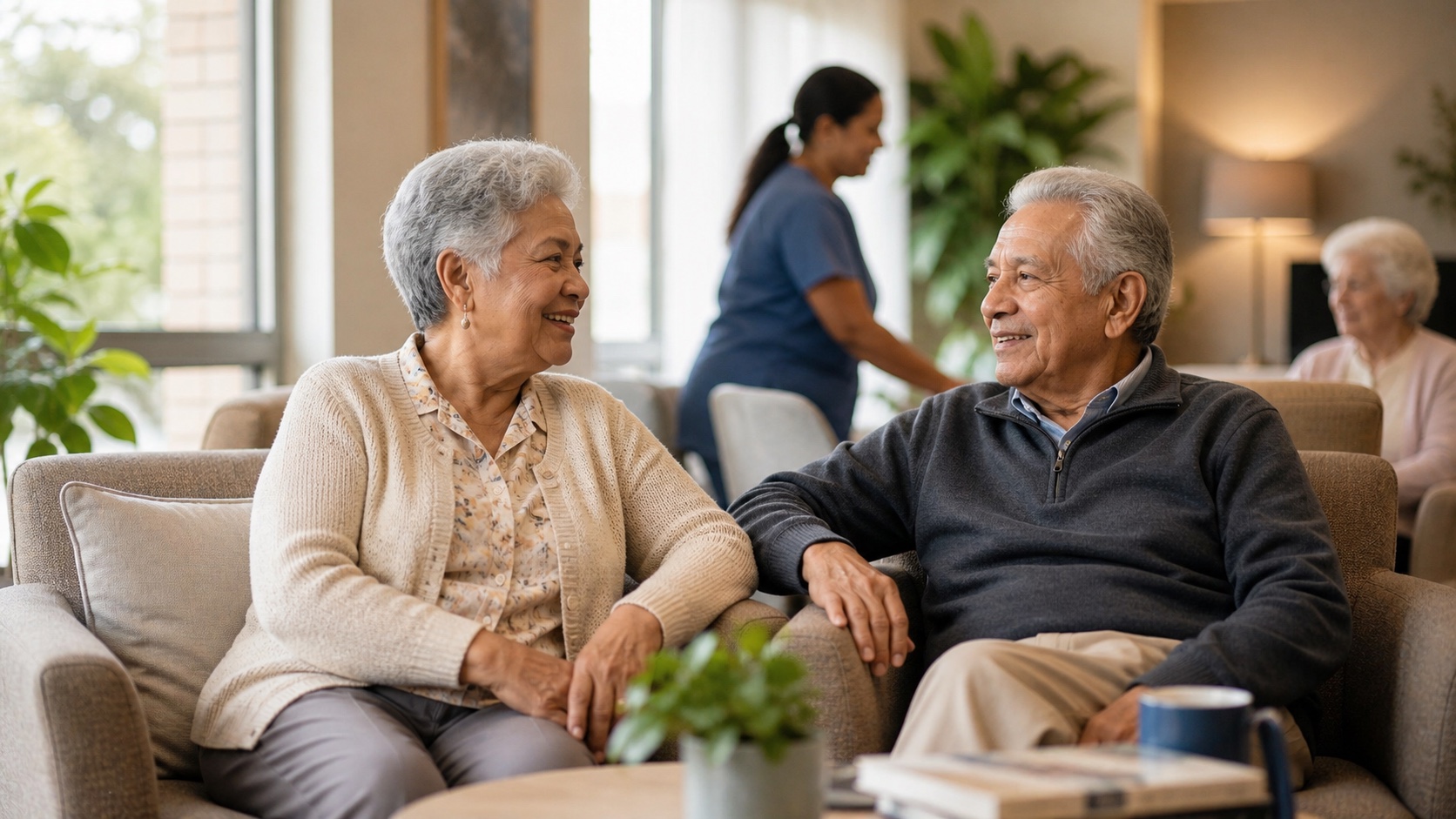 Residents chatting in an aged care lounge