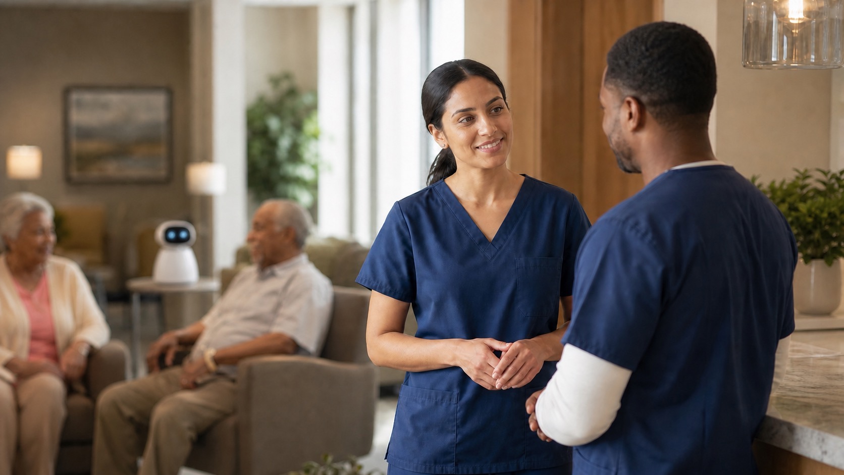 Two care workers talking during a shift handover